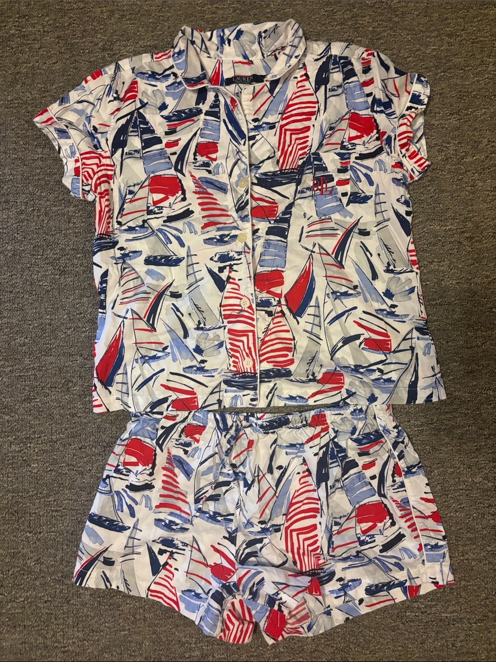 Lauren Ralph Lauren Red, Blue & White Sailboat Cotton Pajama Set